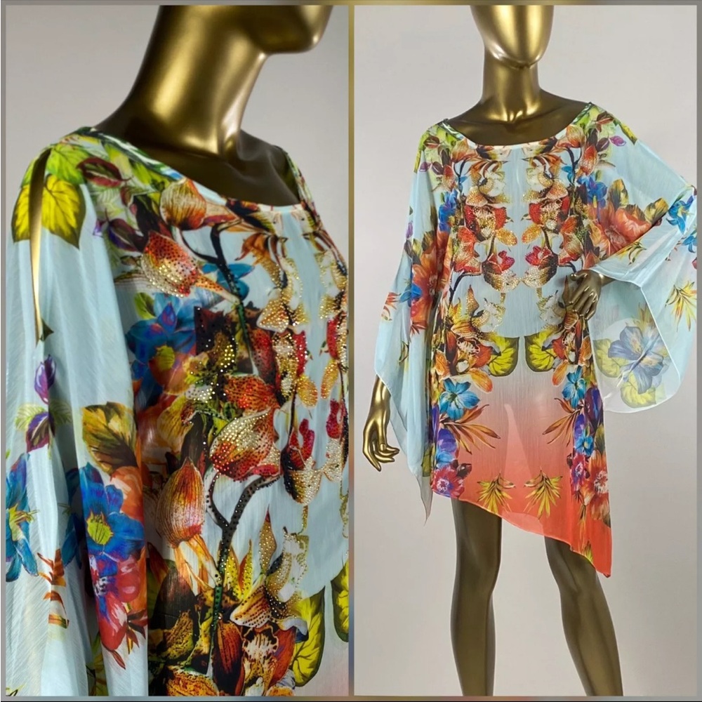 Boho Chic Pretty As A Poppy  Floral Tropical Rhinestone Tunic  Cover Up Sz M NWT